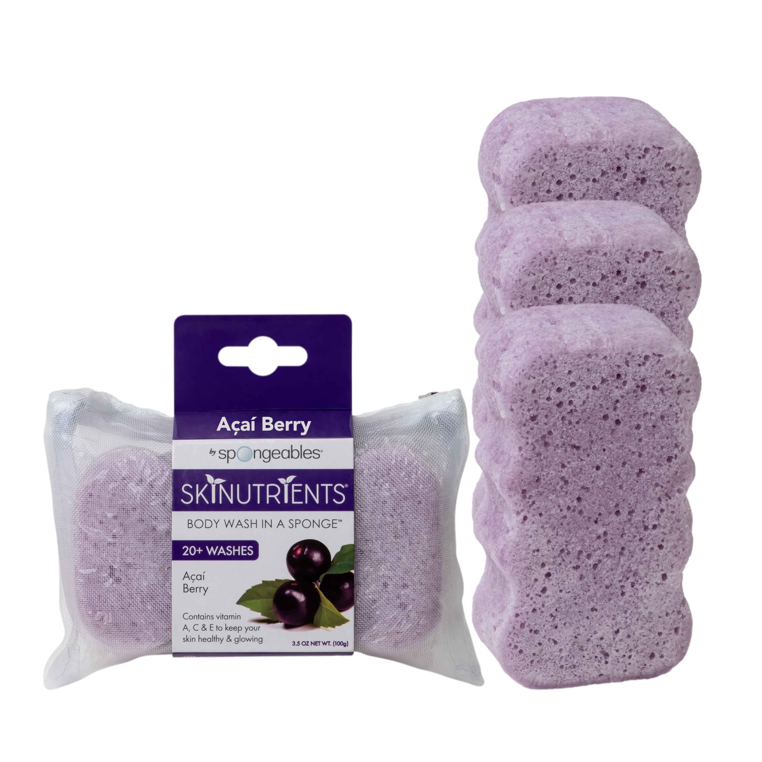 Spongeables Skinutrients Moisturizing Body Wash in a Sponge, Açai Berry, With Bonus Travel Bag, Paraben and Cruelty-Free, Purple, 20+ Washes, Pack of 3